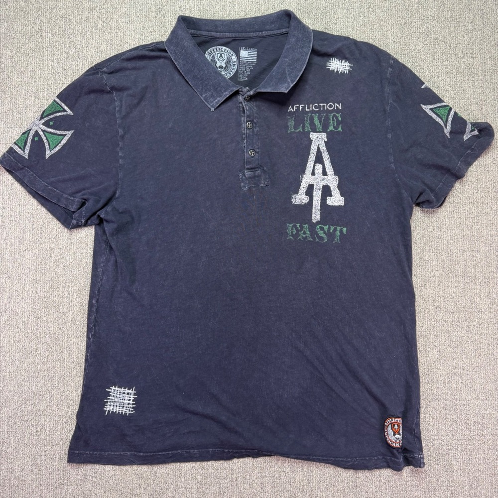 Affliction Black Aces Sin City Graphic Polo Shirt Mens 2XL Black Short Sleeve